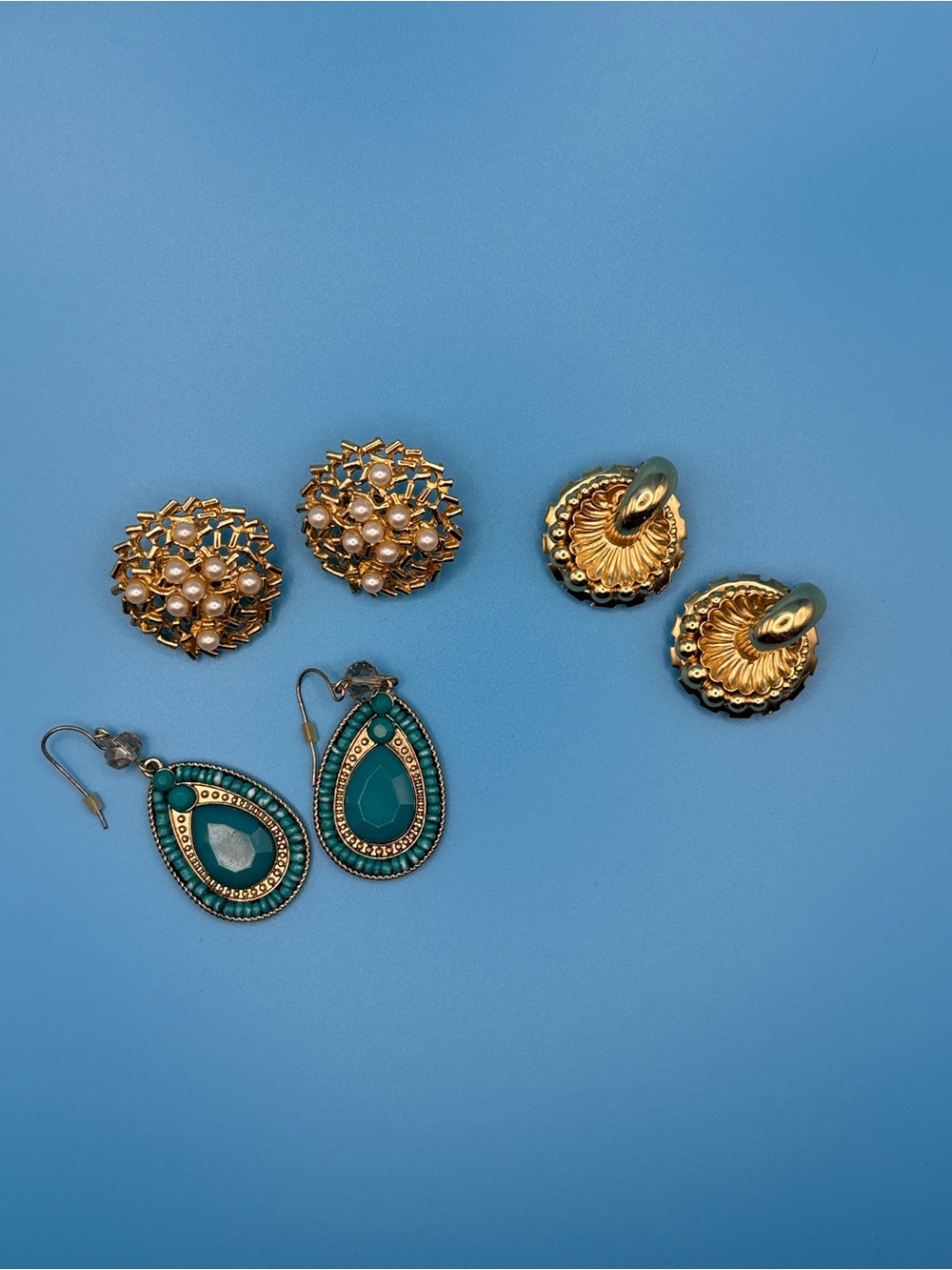 Gold and Teal Teardrop Dangle Earrings with Pearl Cluster Studs